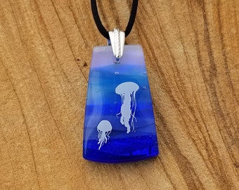 Jellyfish Ocean Scenic Dichroic Pendant, Landscape Scene Pendant, Fused Glass Jewelry, Underwater Tropical Glass Pendant Necklace