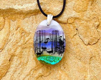 Deer in Morning Forest Scenic Dichroic Pendant, Landscape Scene Pendant, Fused Glass Jewelry, Glass Pendant Necklace