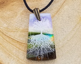 Tree of Life Scenic Dichroic Pendant, Landscape Scene Pendant, Fused Glass Jewelry, Glass Pendant Necklace