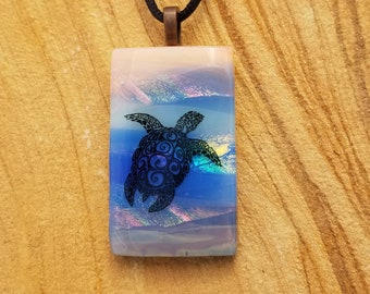 Sea Turtle Ocean Scenic Dichroic Pendant, Landscape Scene Pendant, Fused Glass Jewelry, Underwater Tropical Glass Pendant Necklace