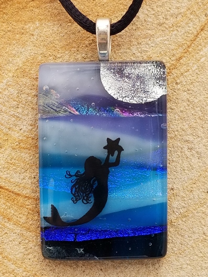 Tropical Mermaid and Moon Scenic Dichroic Pendant Underwater Scenic Necklace Landscape Scene Pendant Fused Glass Jewelry