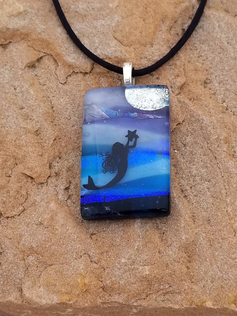 Tropical Mermaid and Moon Scenic Dichroic Pendant Underwater Scenic Necklace Landscape Scene Pendant Fused Glass Jewelry