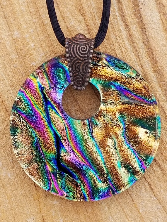SSP47. Sterling Silver Jewelry Choker Pendant Chain Small Rainbow Fused Glass Pendant Blue Green Silver Brown Dichroic Glass Pendant