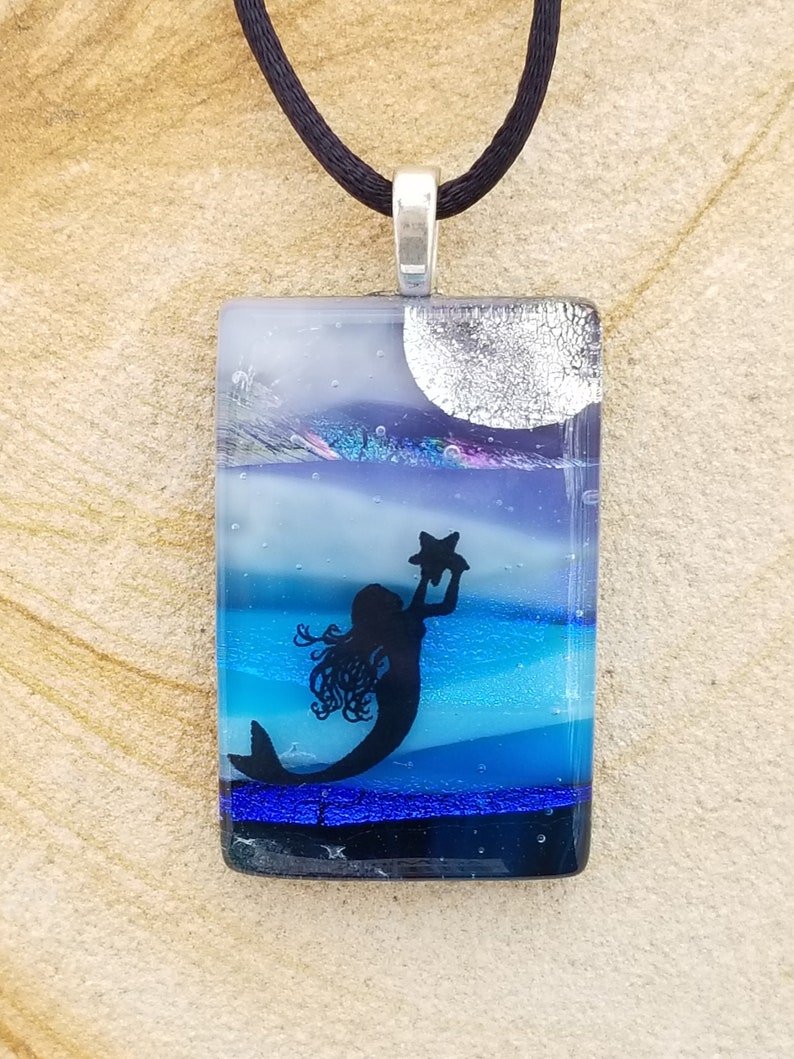 Tropical Mermaid and Moon Scenic Dichroic Pendant Underwater Scenic Necklace Landscape Scene Pendant Fused Glass Jewelry