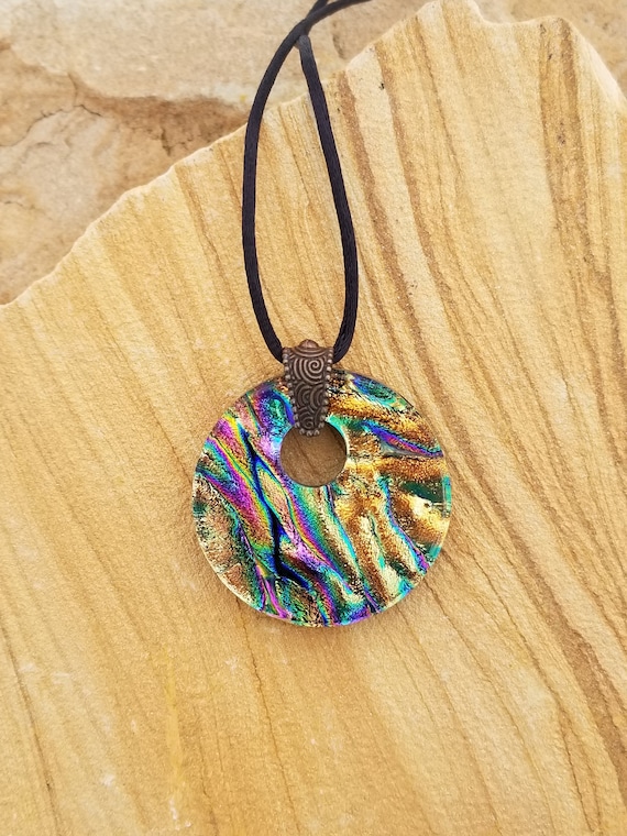 SSP47. Sterling Silver Jewelry Choker Pendant Chain Small Rainbow Fused Glass Pendant Blue Green Silver Brown Dichroic Glass Pendant