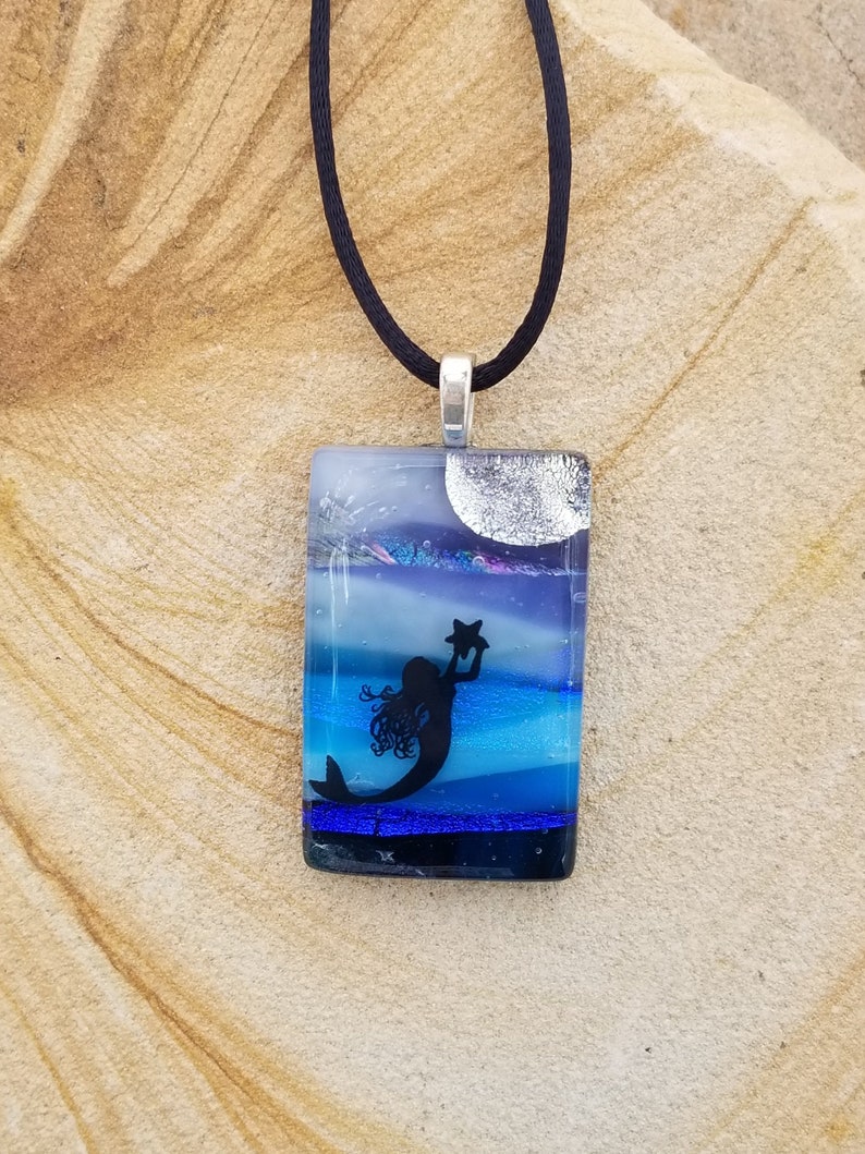 Tropical Mermaid and Moon Scenic Dichroic Pendant Underwater Scenic Necklace Landscape Scene Pendant Fused Glass Jewelry