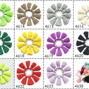 May include: Assortment of 12 small colorful tassels with a silver ring. The tassels are arranged in a circle and are available in a variety of colors, including green, brown, gray, white, yellow, purple, black, lime green, red, lavender, and a mix of colors.