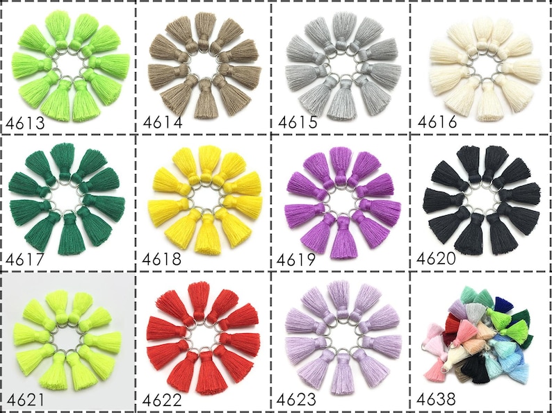 May include: Assortment of 12 small colorful tassels with a silver ring. The tassels are arranged in a circle and are available in a variety of colors, including green, brown, gray, white, yellow, purple, black, lime green, red, lavender, and a mix of colors.