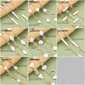May include: Ten different styles of gold chains with white pearls. Each chain has a different design and pearl size. The chains are labeled with product codes and measurements in millimeters.