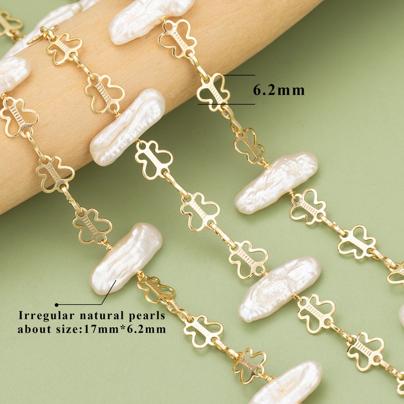 May include: A gold chain necklace with irregular natural pearls. The pearls are approximately 17mm by 6.2mm. The chain features a delicate butterfly design. Irregular natural pearls about size: 17mm * 6.2mm