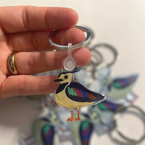 Può includere: Un portachiavi in acrilico trasparente con un design di uccello colorato. L'uccello ha un corpo giallo, becco nero e un'ala blu scuro con accenti colorati. Il portachiavi ha un anello di metallo argentato.