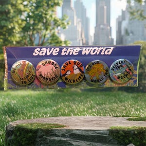 Puede incluir: Un conjunto de cinco pines redondos con temas ambientales. Cada pin presenta un diseño y un mensaje únicos, como "Save Our Wildlife" y "Respect the Ocean". Los pines se muestran en un respaldo azul con las palabras "save the world".