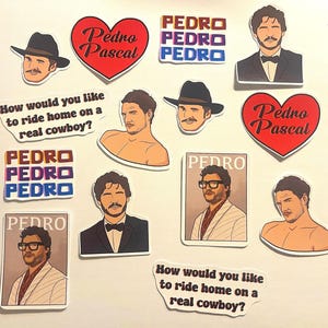 May include: A collection of stickers featuring the actor Pedro Pascal. The stickers include his name, a heart with his name, and a quote from the TV show The Mandalorian. The stickers are printed on white paper with a glossy finish.