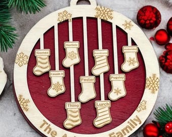 Personalized Family Christmas Ornament: Birch Wood Stocking Keepsake