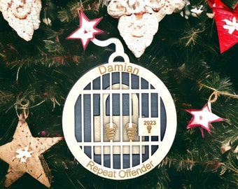 Personalized Jail Christmas Ornament: Birch Wood Repeat Offender Gift