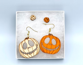 Hand Painted Pumpkin Earrings: Laser Cut Birchwood, Halloween Jewelry