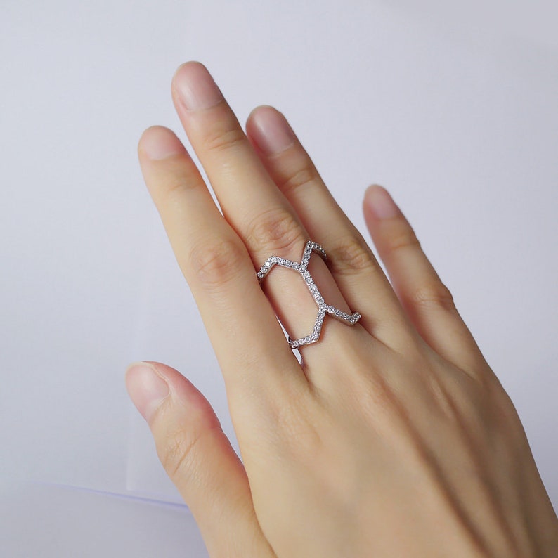 Sterling silver CZ double layered ring US 6 Geometric Y shape finger wrap ring luxurious gift fine jewelry Sparkling cubic zirconia band