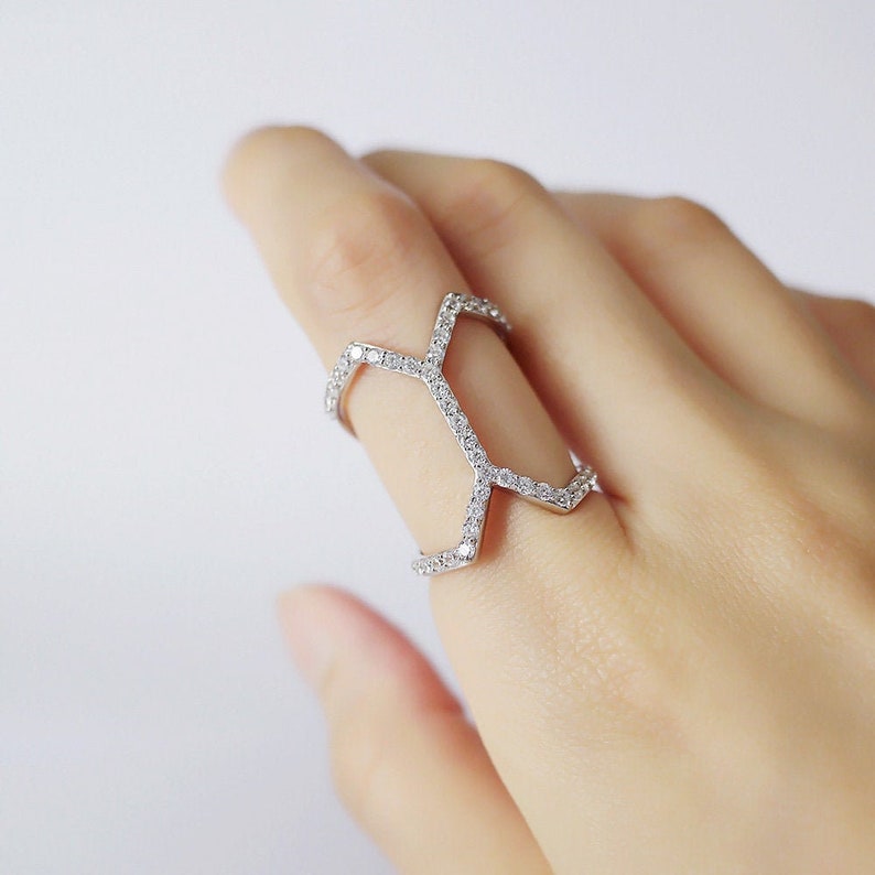 Sterling silver CZ double layered ring US 6 Geometric Y shape finger wrap ring luxurious gift fine jewelry Sparkling cubic zirconia band