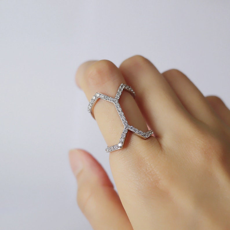Sterling silver CZ double layered ring US 6 Geometric Y shape finger wrap ring luxurious gift fine jewelry Sparkling cubic zirconia band