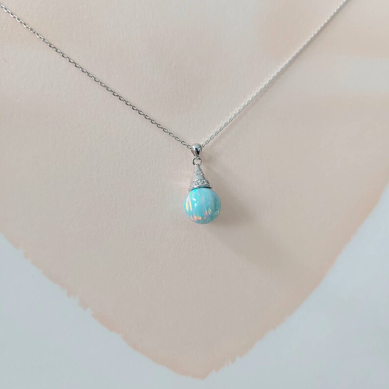 Summer pastel mint blue green teal bead gift jewelry accessories 8mm lab-created opal ball pendant Sterling silver aqua blue opal necklace