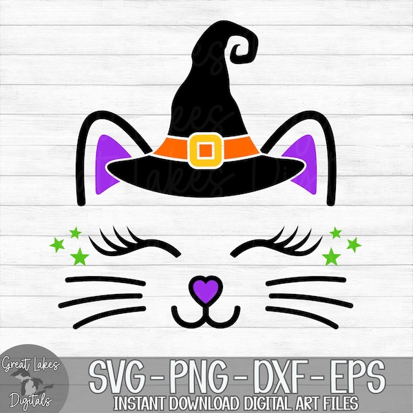 Halloween Cat Face - Instant Digital Download - svg, png, dxf, and eps files included! Cute, Witch Hat, Kitten, Girl