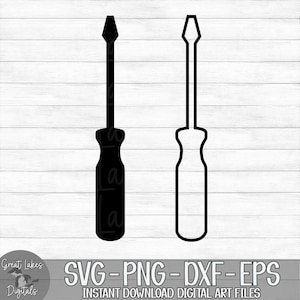May include: Two black and white outline images of screwdrivers. The screwdriver on the left is filled in black, while the screwdriver on the right is an outline.