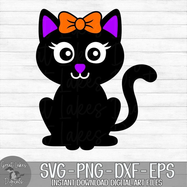 Halloween Cat with Bow - Instant Digital Download - svg, png, dxf, and eps files included! Girl, Black Cat