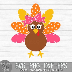 Thanksgiving Turkey - Instant Digital Download - svg, png, dxf, and eps files included! Turkey with Bow, Girl Turkey