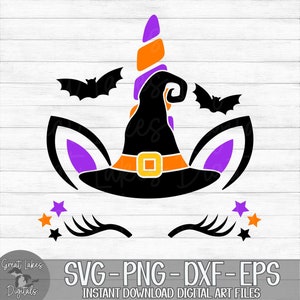 Halloween Unicorn Face - Instant Digital Download - svg, png, dxf, and eps files included! Cute, Bats, Girl, Witch Hat