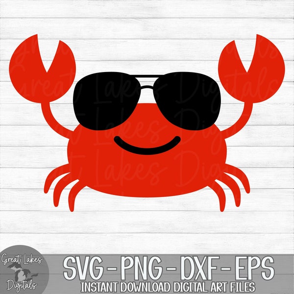 Crab with Sunglasses - Instant Digital Download - svg, png, dxf, and eps files included! Ocean, Beach, Tropical. Cute Cartoon Crab