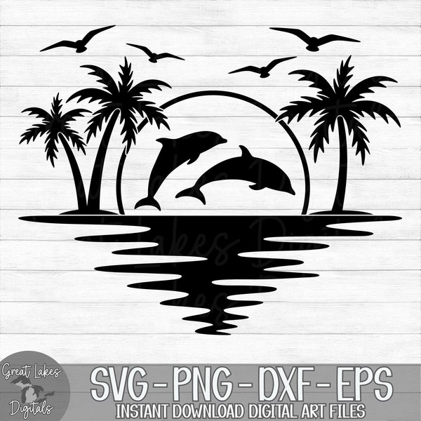 Dolphin Palm Tree Sunset - Instant Digital Download - svg, png, dxf, and eps files included! Vacation, Summer, Tropical, Ocean