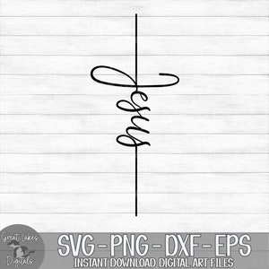 May include: Black line art of a cross with the word "Jesus" written vertically. The design is set against a white, wood-grain background. The bottom of the image includes the text "SVG - PNG - DXF - EPS" and "INSTANT DOWNLOAD DIGITAL ART FILES."