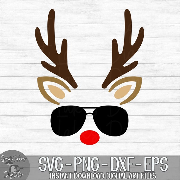 Reindeer & Sunglasses - Instant Digital Download - svg, png, dxf, and eps files included! - Christmas, Reindeer Face, Antlers, Boy