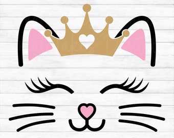 Cat Face with Crown - Instant Digital Download - svg, png, dxf, and eps files included! Kitten, Whiskers, Lashes, Baby Girl