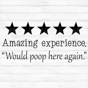 Pode incluir: Um design gráfico preto e branco com cinco estrelas e o texto "Amazing experience. "Would poop here again."