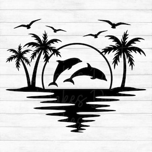 Dolphin Palm Tree Sunset - Instant Digital Download - svg, png, dxf, and eps files included! Vacation, Summer, Tropical, Ocean
