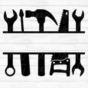 May include: Black and white silhouette of various tools, including a wrench, hammer, saw, and screwdriver. The tools are arranged in two rows, with a horizontal line separating the rows. The image is a digital download for crafting projects.