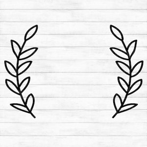 May include: Black and white outline of a wreath made of leaves. The wreath is symmetrical and has a simple design.