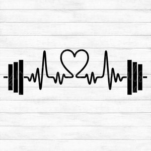 May include: Black and white digital art file of a heartbeat with a heart in the middle and a barbell on each side.  SVG-PNG-DXF-EPS. Instant download digital art files.