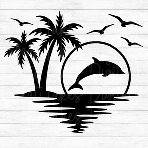 Dolphin Palm Tree Sunset - Instant Digital Download - svg, png, dxf, and eps files included! Vacation, Summer, Tropical, Ocean