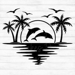 Dolphin Palm Tree Sunset - Instant Digital Download - svg, png, dxf, and eps files included! Vacation, Summer, Tropical, Ocean