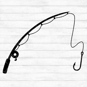 May include: Black silhouette of a fishing rod with a line and hook. The rod is curved and has a reel. The hook is at the end of the line.