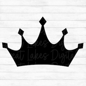 May include: A black silhouette of a crown with five points. The crown is a digital art file for crafting projects.