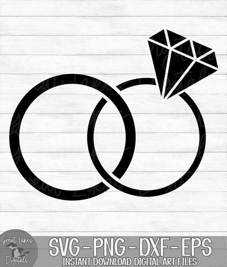 May include: Black and white silhouette of two interlocking rings with a diamond on top. The rings are a symbol of marriage or engagement.