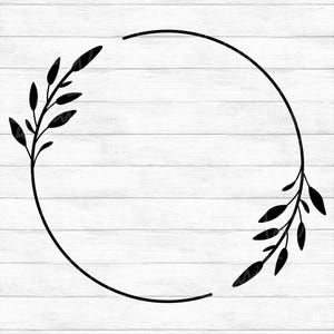 May include: Black and white digital art file of a circular frame with leafy branches on either side.  SVG-PNG-DXF-EPS. Instant download digital art files.