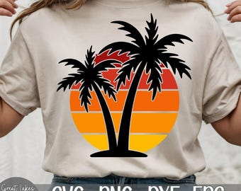Sunset & Palm Trees - Instant Digital Download - svg, png, dxf, and eps files included! Ocean, Beach, Retro, Vintage