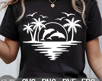 Dolphin Palm Tree Sunset Beach svg png dxf eps Digital Download
