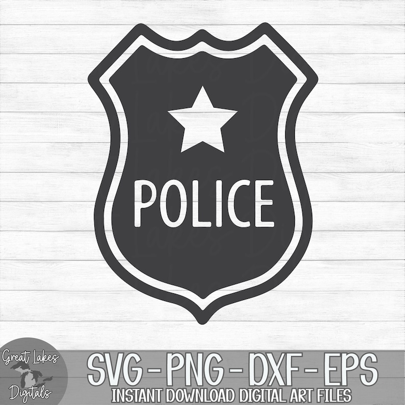 May include: A black and white police badge with a five-pointed star and the word "POLICE" in white lettering.