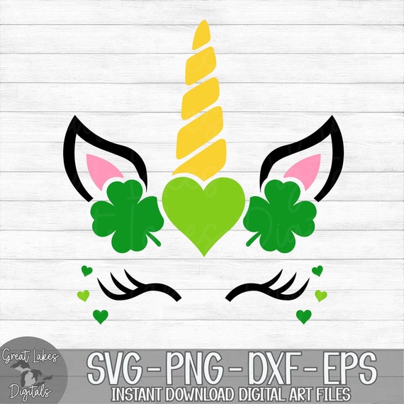 Saint Patrick's Day Unicorn Face - Instant Digital Download - svg, png, dxf, and eps files included! - Shamrocks, Hearts, Clovers, Girl