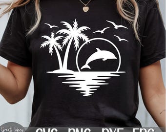 Dolphin Palm Tree Sunset - Instant Digital Download - svg, png, dxf, and eps files included! Vacation, Summer, Tropical, Ocean
